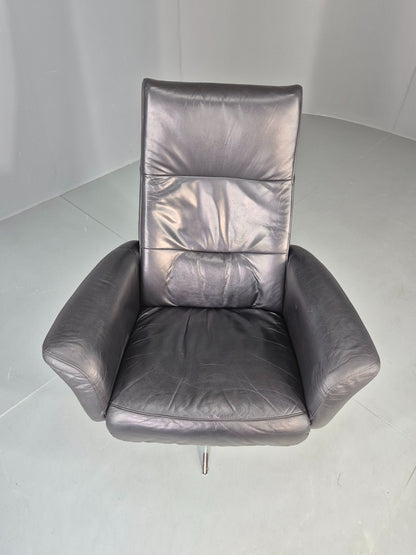 Vintage Hjort Knudsen Black Leather and Chrome Swivel Lounge Chair Retro EB13083