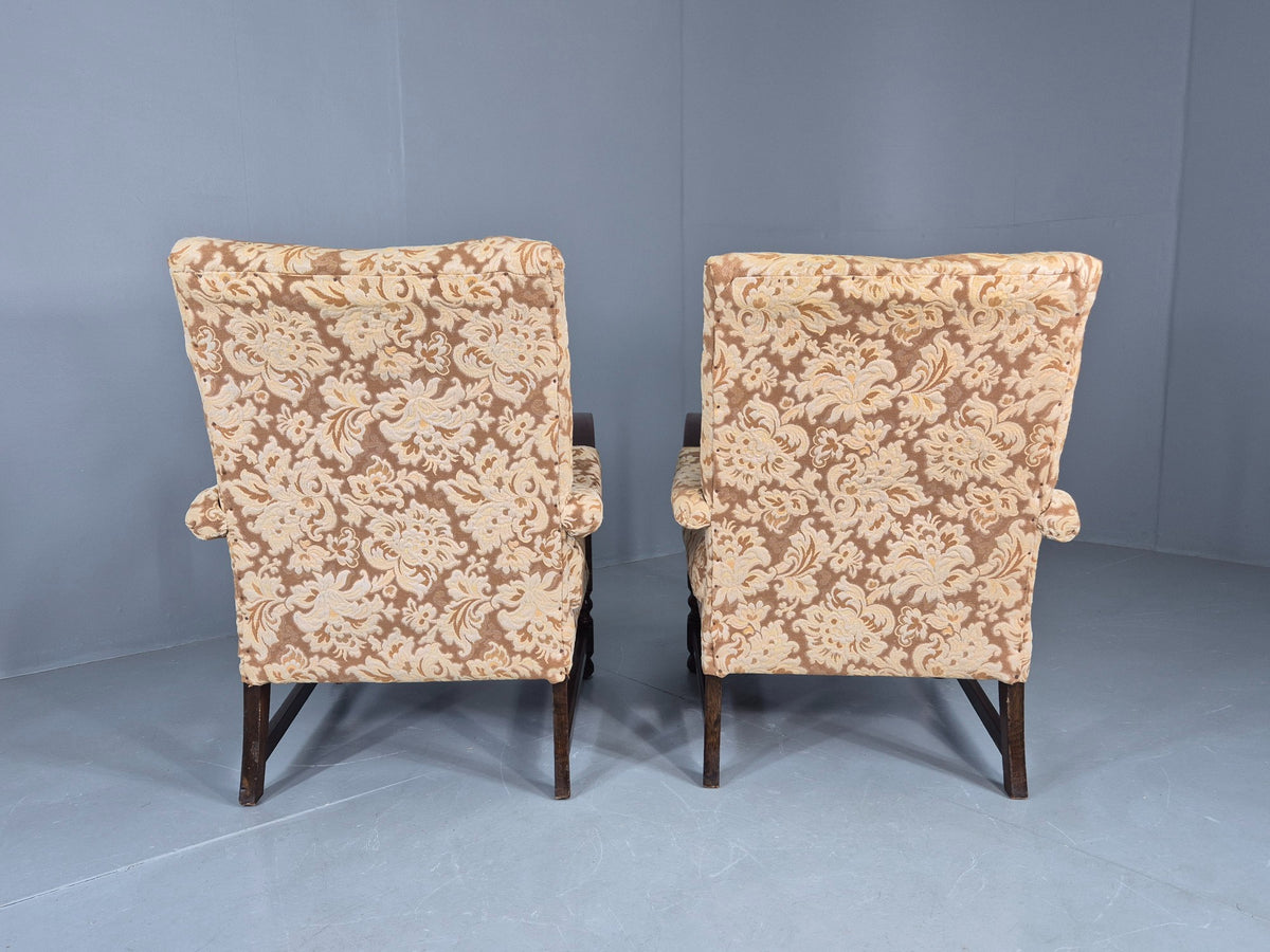 2 Utility Era Open Armed Lounge Chairs Wood Frames Floral Moquette 1940s EB12915