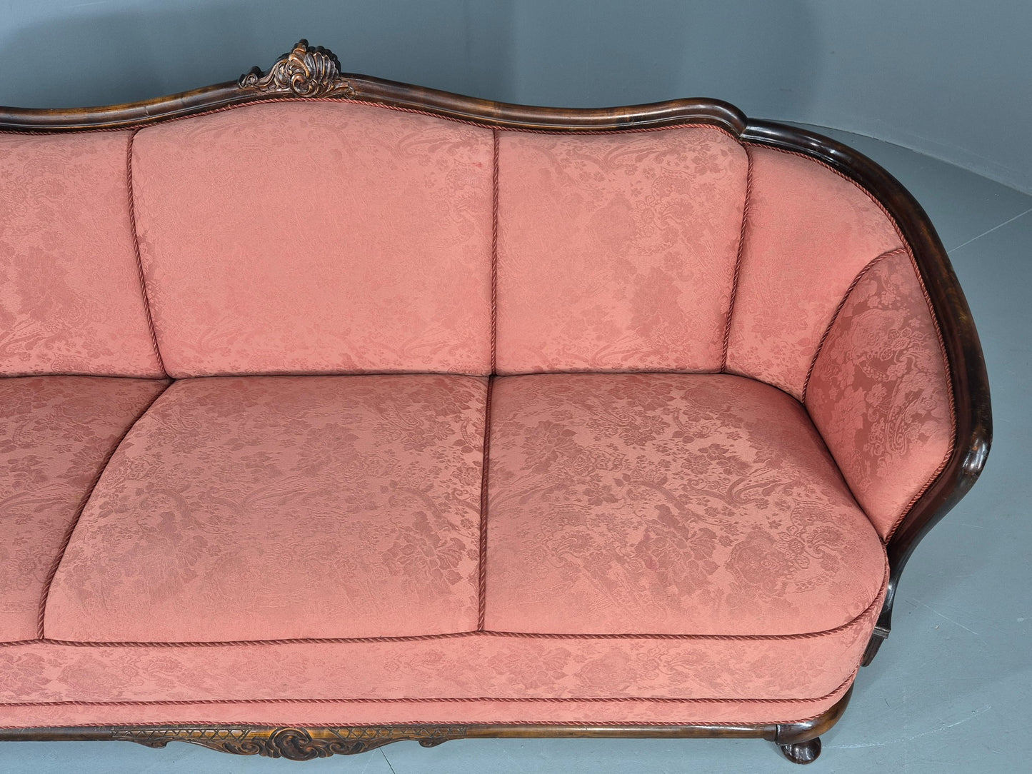 Vintage Danish Art Deco 3 Seater Sofa Carved Hardwood Frame Pink Damask EB12742