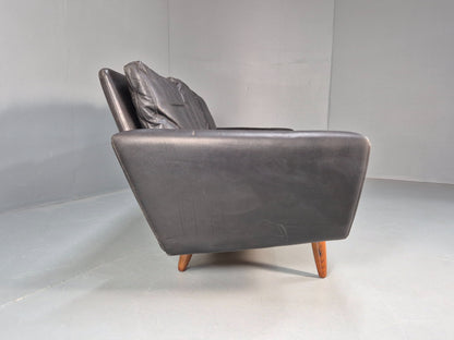 Vintage 3 Seater Black Leather Sofa 1960s Danish Thams Retro MCM EB09926