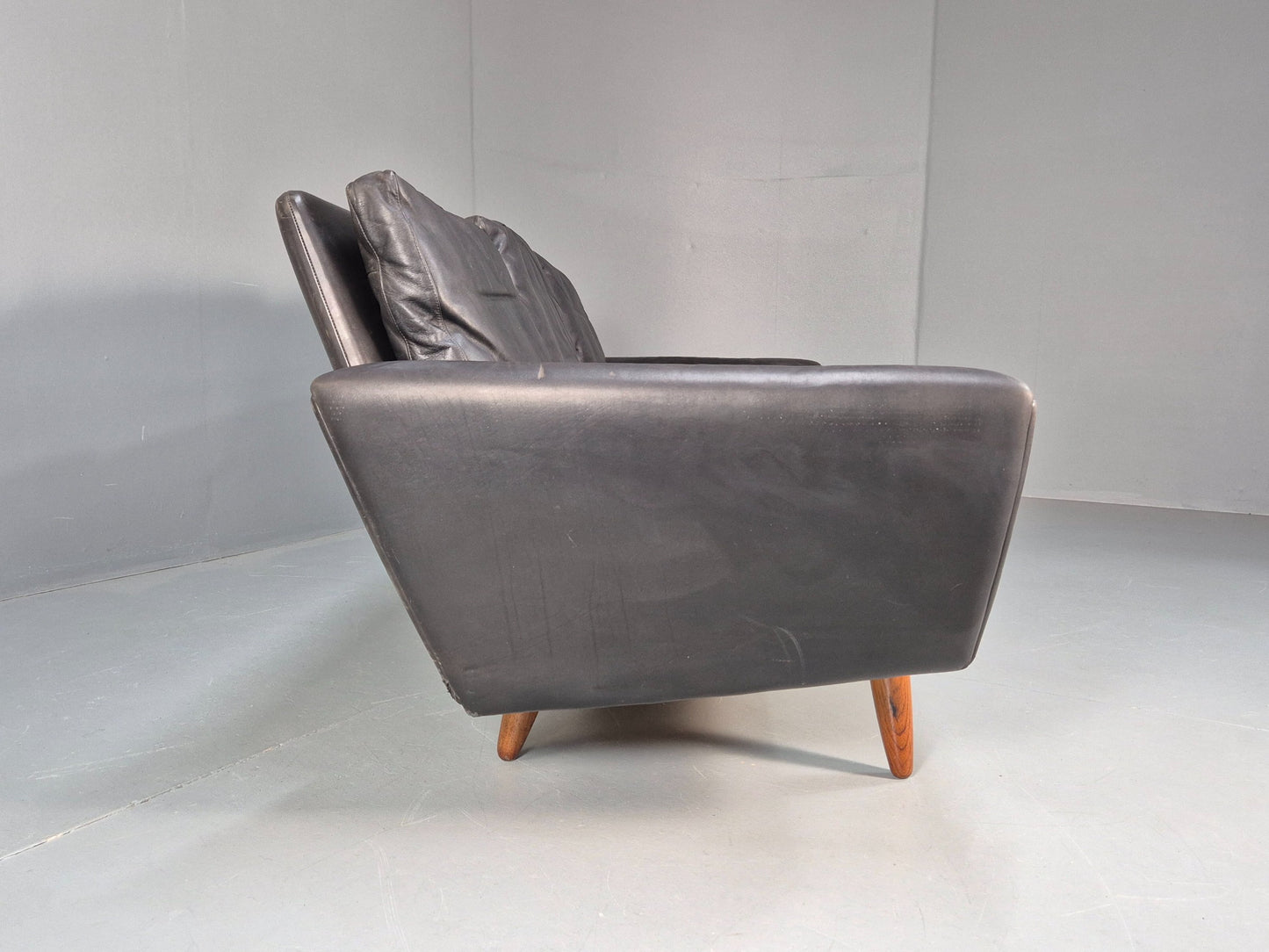 Vintage 3 Seater Black Leather Sofa 1960s Danish Thams Retro MCM EB09926