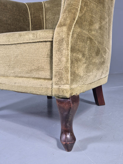 Vintage Danish Art Deco Tub Chair Green Velour Cabriole Legs 1940s EB12717