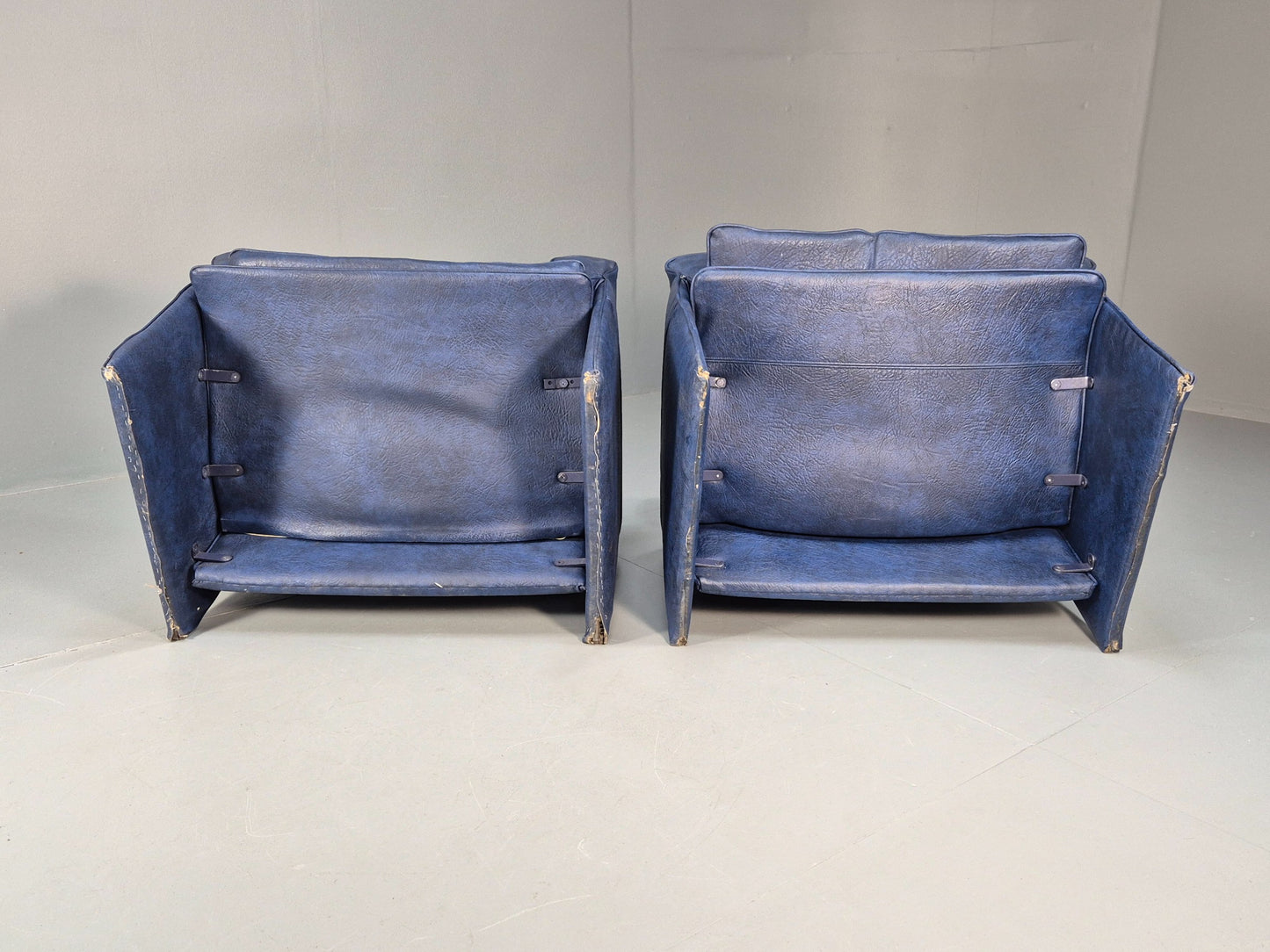 Vintage Saporiti Italian Lounge Chairs Pair Blue Vinyl Retro EB9844