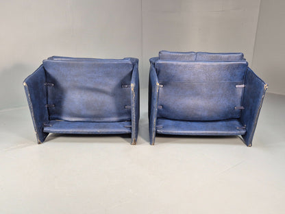 Vintage Saporiti Italian Lounge Chairs Pair Blue Vinyl Retro EB9844