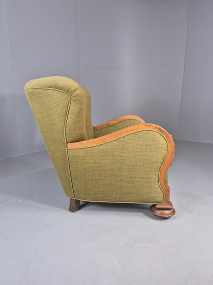 Vintage Art Deco Lounge Chair Danish Oak Shell Back 1940s Retro Green EB12693