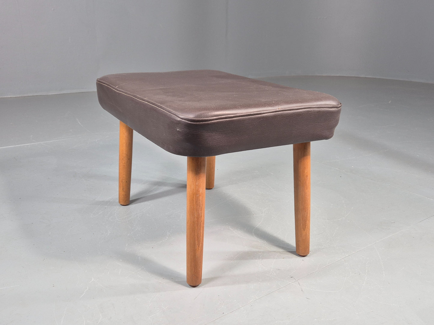 Vintage Danish Mid Century Footstool Brown Vinyl Beech Legs 1960s Retro EB12096