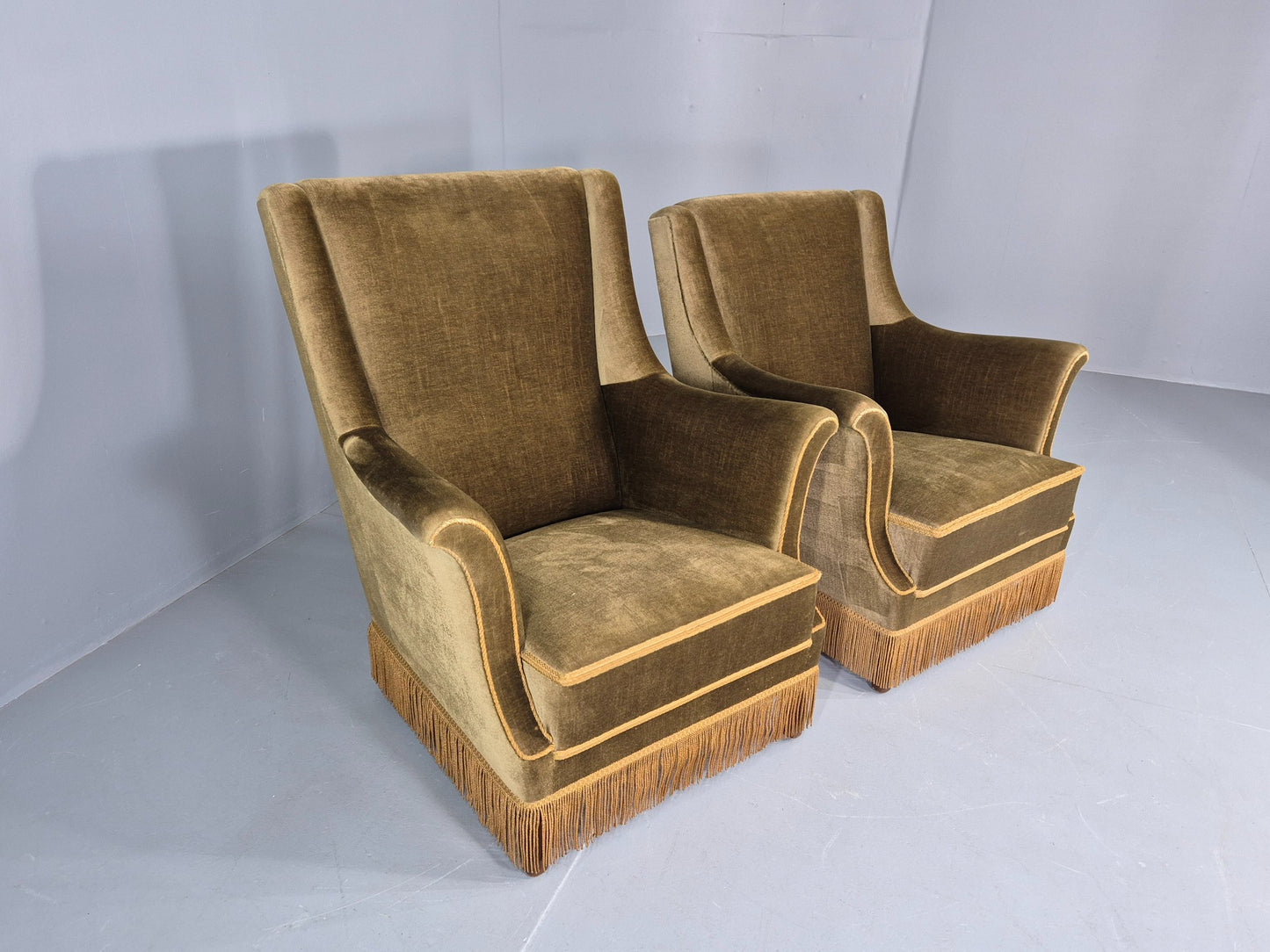 2 Midcentury Danish Lounge Chairs Green Velour Velvet Tassels 1960s EB12646
