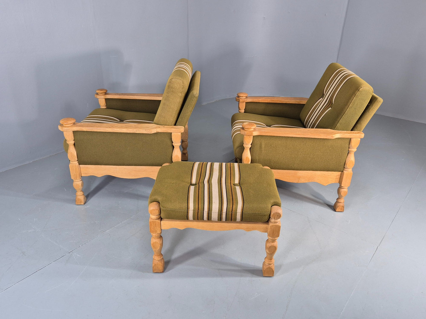 2 vintage Kjaernulf Armchairs with footstool Oak and Green Retro 1970s EB12778