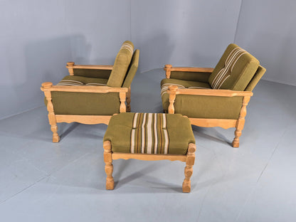 2 vintage Kjaernulf Armchairs with footstool Oak and Green Retro 1970s EB12778