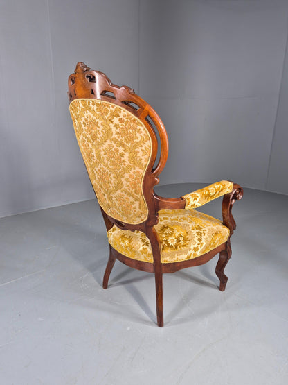 Antique Baroque Revival Arm Chair Carved Frame Gold Moquette Upholstery EB12740