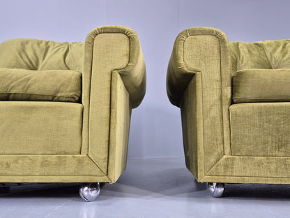 2 Vintage 1970s Lounge Chairs Danish Design Green Velvet Velour Retro EB12640