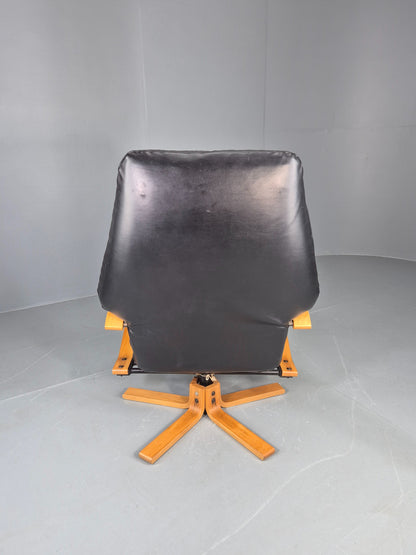 Vintage Danish Swivel Recline Chair Black Leather Bentwood 1980s Retro EB9254