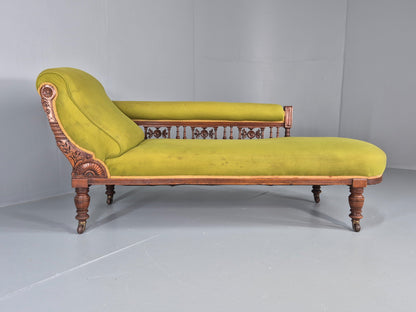 Edwardian Antique Chaise Lounge Green Velvet Velour Oak Frame  EB12458