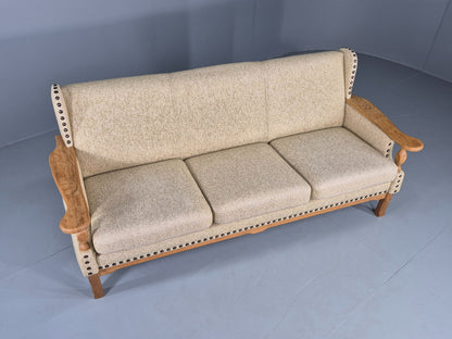 Vintage 3 Seat Sofa Danish 1970s Oak Frame Cream Wool Cloth Retro  EB12753