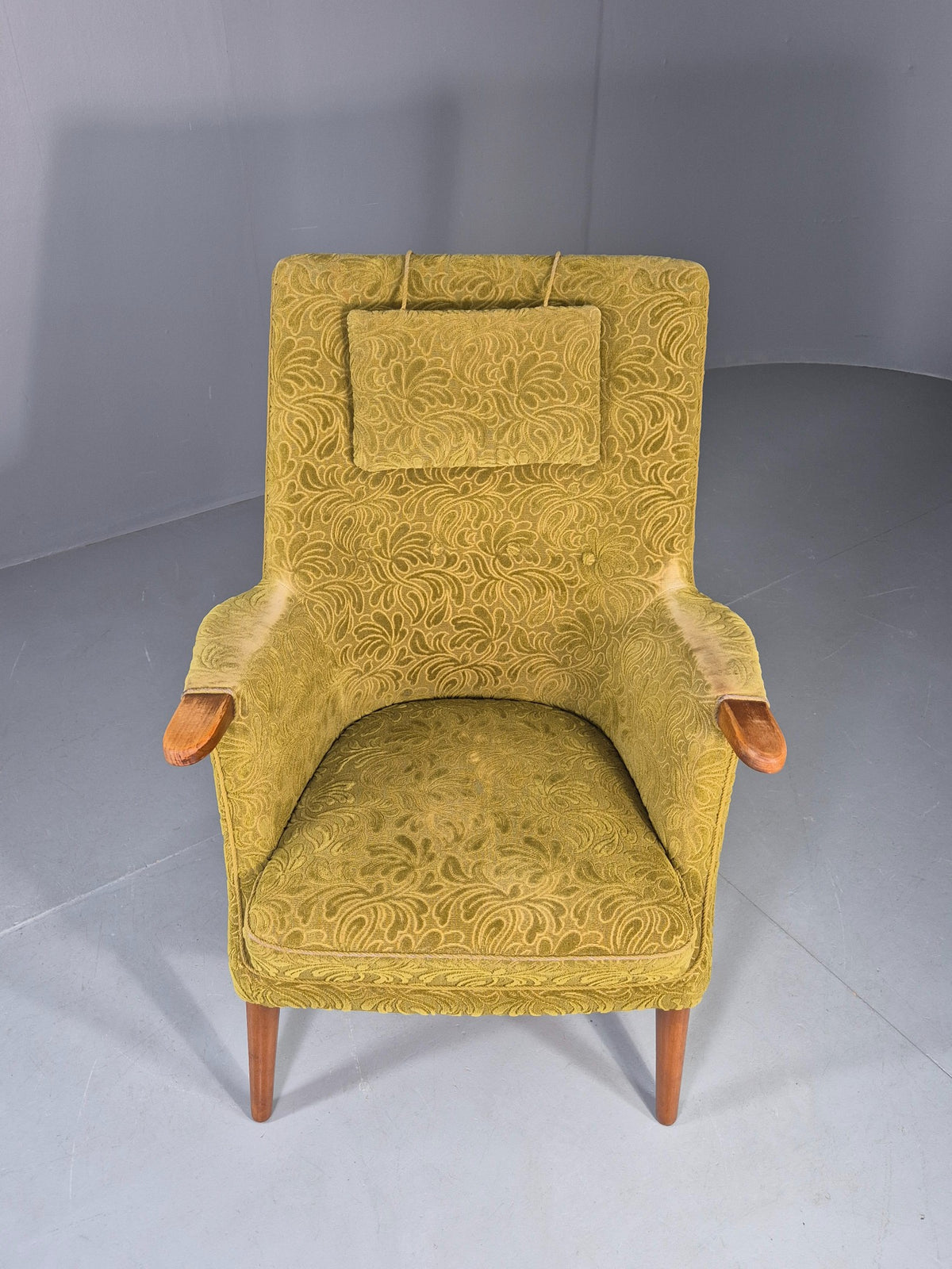 Vintage Danish Lounge Chair Green Floral Moquette Teak Detail MCM Retro EB13040