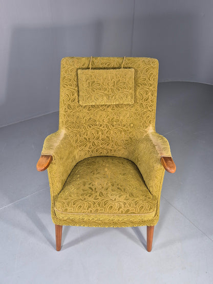 Vintage Danish Lounge Chair Green Floral Moquette Teak Detail MCM Retro EB13040