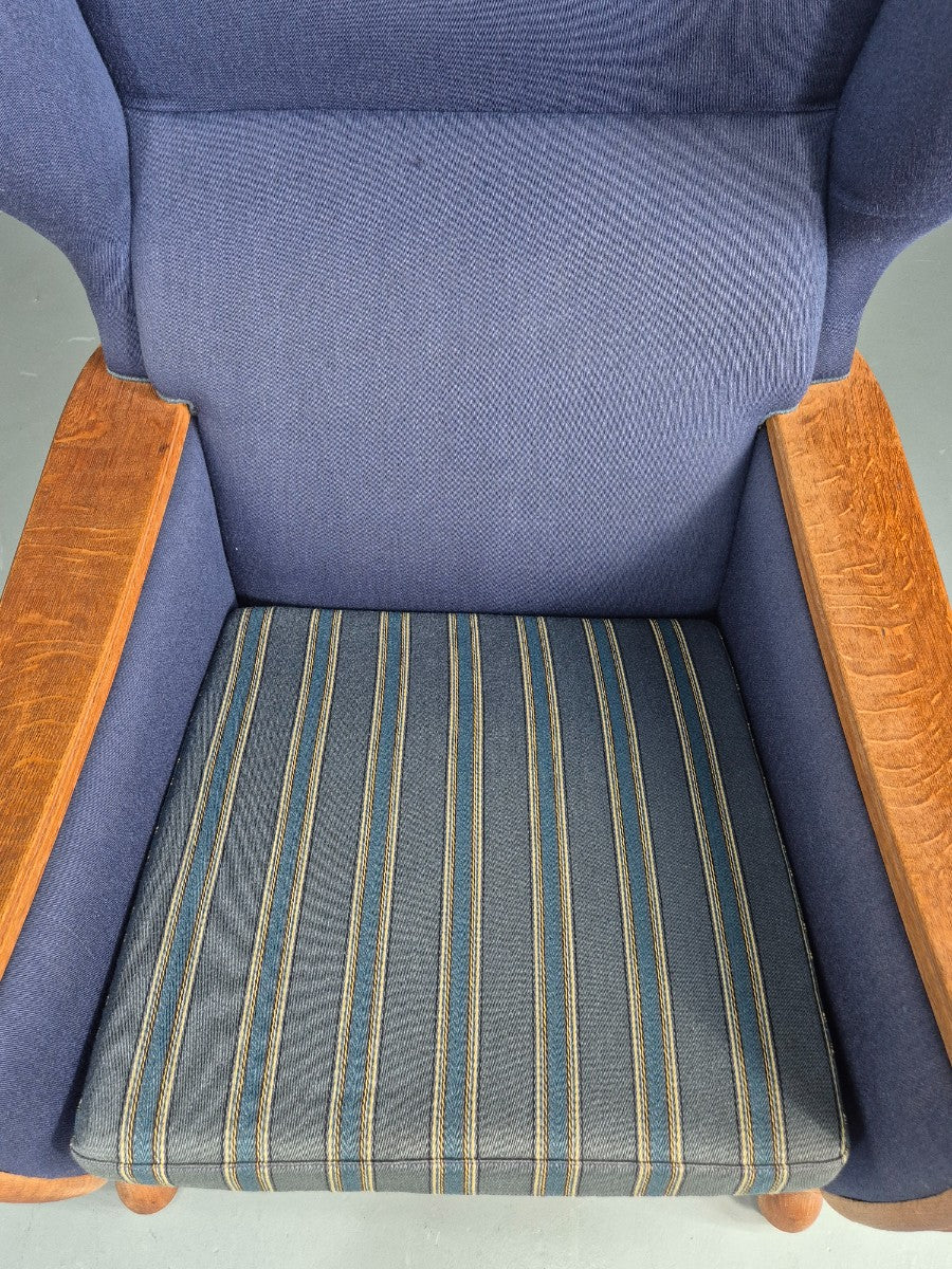 Vintage Danish Lounge Wing Chair Oak Frame Blue Wool 1970s  Retro MCM EB12771