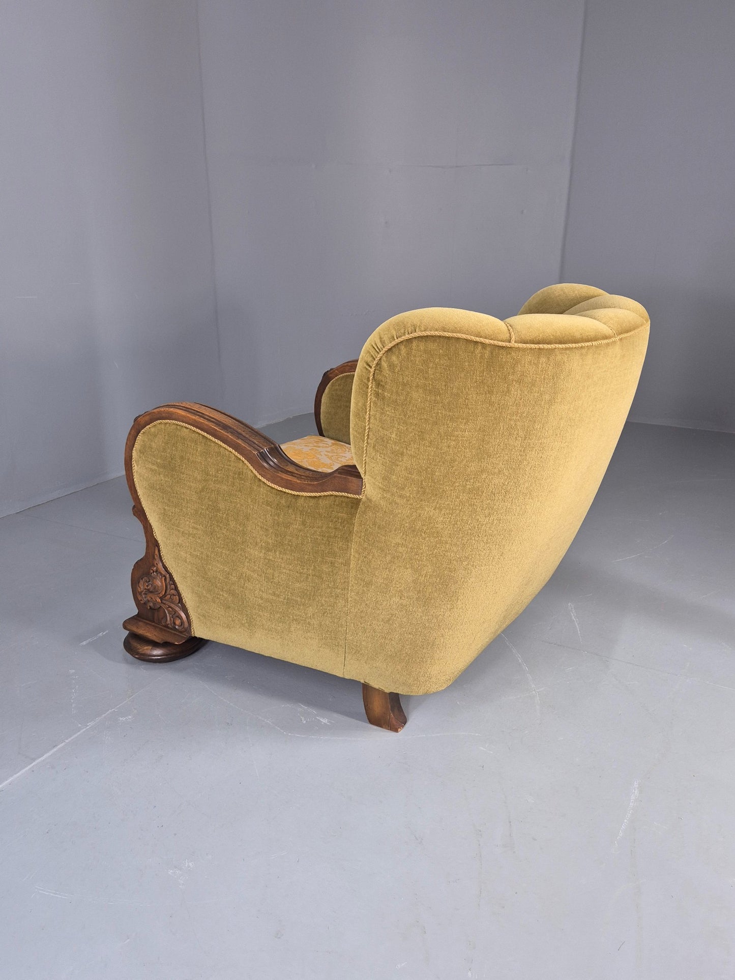 Vintage Danish Art Deco Lounge Chair Carved Oak Frame 1940s Green Floral EB12839