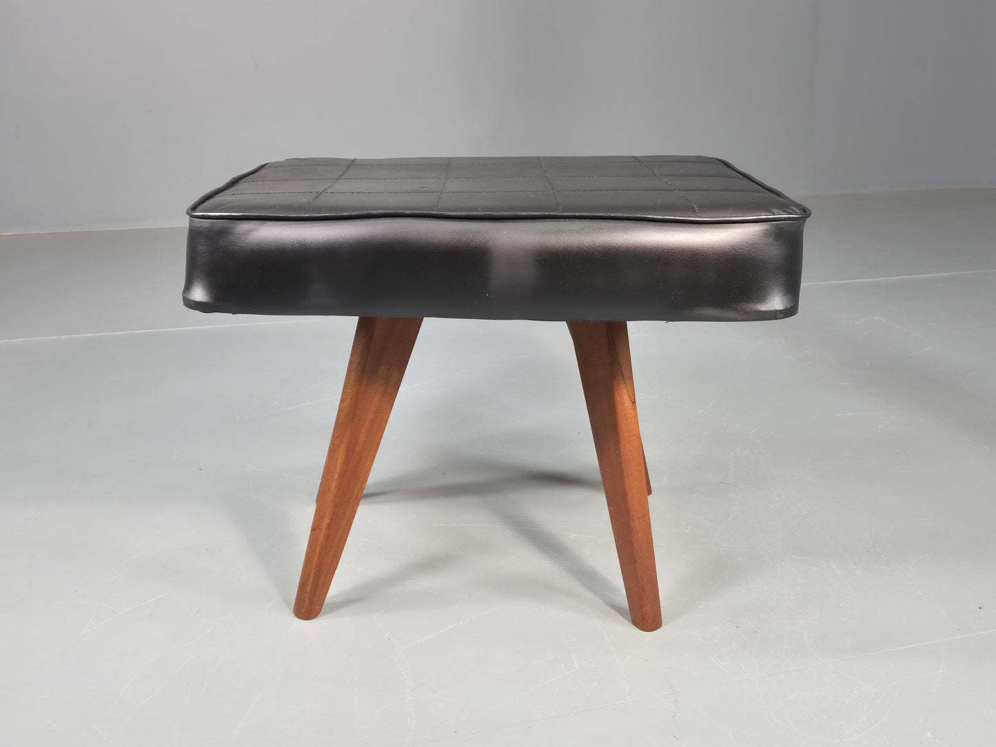 Vintage Mid Century Danish Footstool Black Vinyl Teak Legs 1960s Retro EB12148