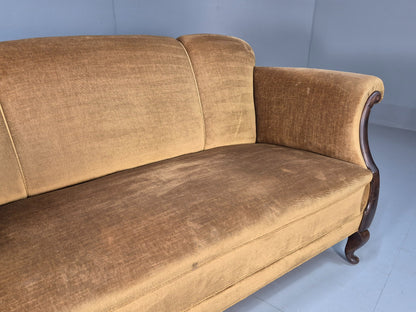 Antique 1920s Danish Sofa Mustard Velour Cabriole Legs EB09017