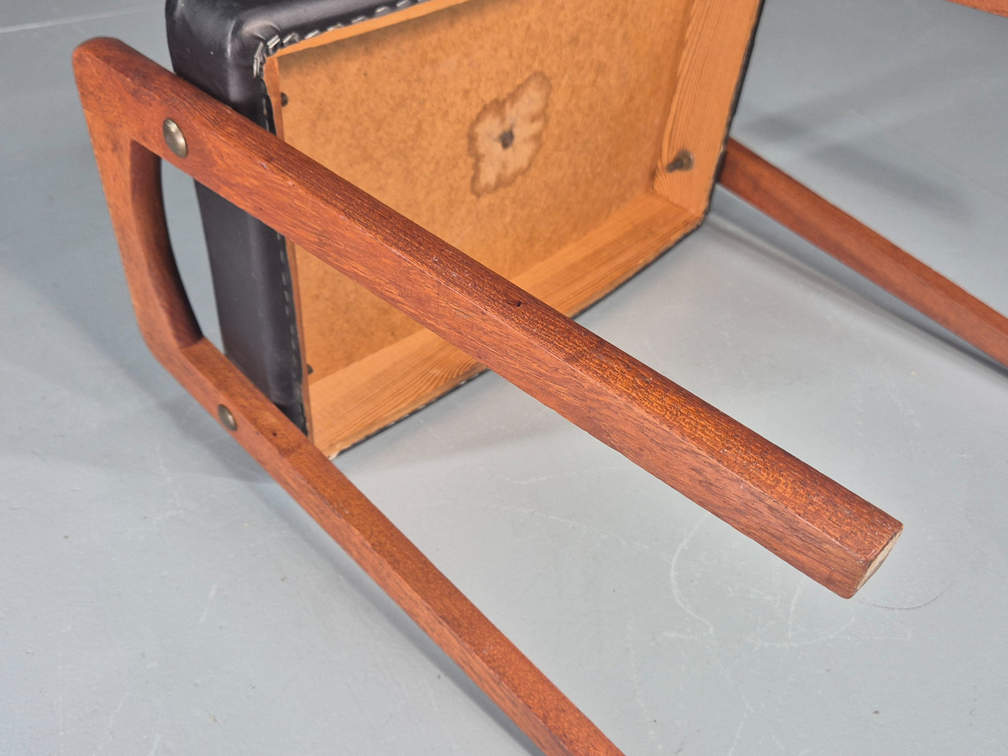 Vintage Danish Mid Century Footstool 1960s Teak Black Vinyl Retro EB12087