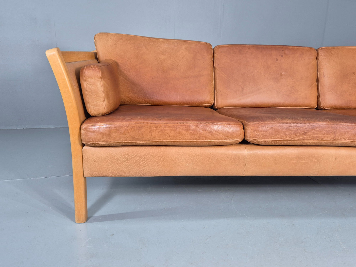 Vintage Stouby 3 seater Sofa Tan Leather 1980s Retro Mid Century Modern EB11610