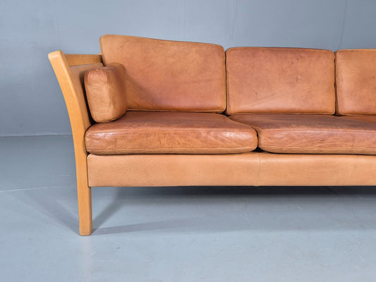 Vintage Stouby 3 seater Sofa Tan Leather 1980s Retro Mid Century Modern EB11610