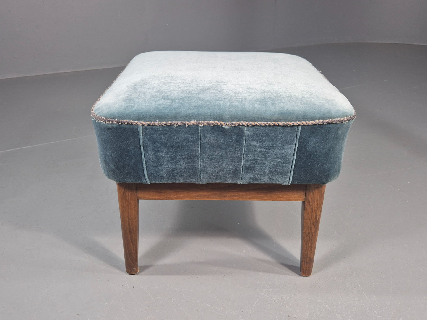 Vintage Danish Mid Century Footstool Blue Velour Upholstery 1950s Retro EB12053