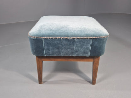 Vintage Danish Mid Century Footstool Blue Velour Upholstery 1950s Retro EB12053