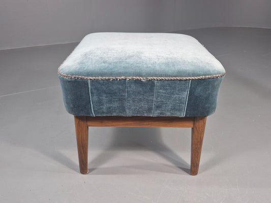 Vintage Danish Mid Century Footstool Blue Velour Upholstery 1950s Retro EB12053