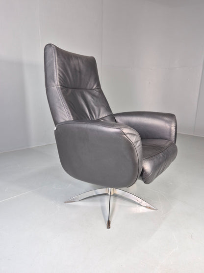 Vintage Hjort Knudsen Black Leather and Chrome Swivel Lounge Chair Retro EB13083