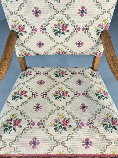 Vintage Danish Baroque Armchair Carved Oak Frame Tapestry Seat EB12113