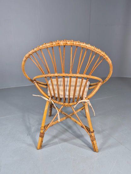 Vintage 1960s Cane Circle Tub Chair Tartan Cushion Retro EB10635