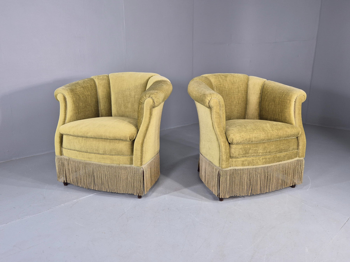 Pair Art Deco Tub Chairs Danish Design 1950s Green Velour Tassels Retro EB12715