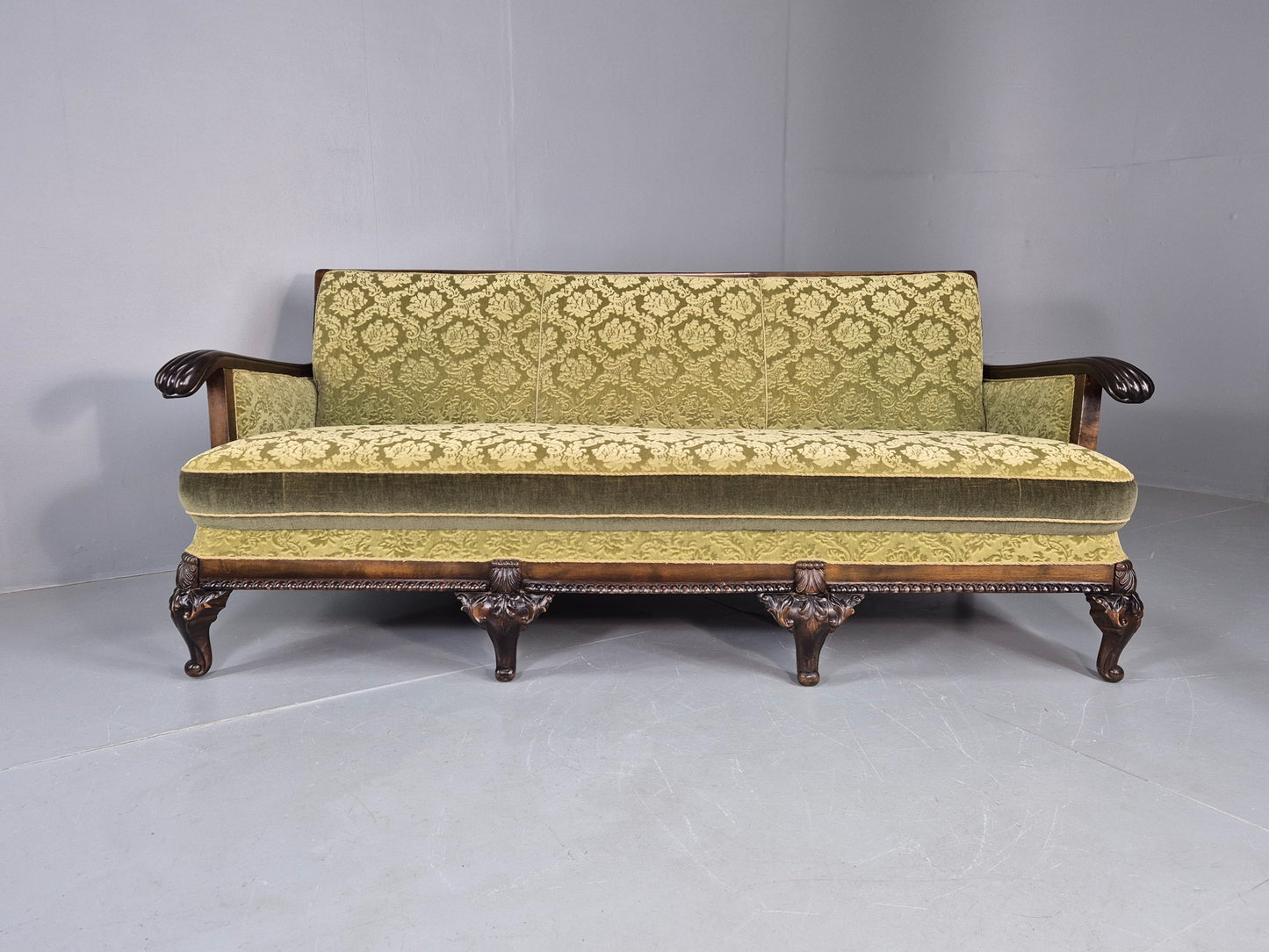 Antique 3 Seater Sofa 1920s Danish Carved Frame Green Moquette  EB12005