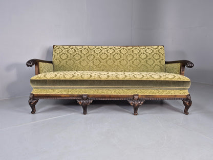 Antique 3 Seater Sofa 1920s Danish Carved Frame Green Moquette  EB12005
