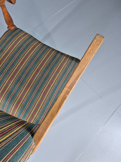 Vintage Danish Baroque Style Arm Chair Oak and Striped Wool 1960s  EB12460