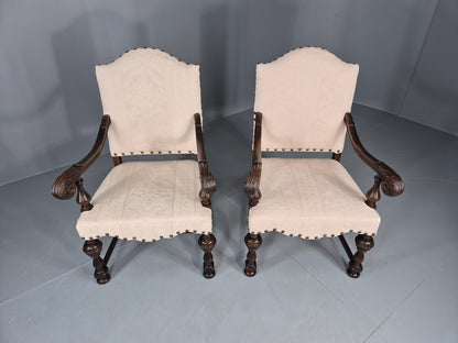 2 Vintage Carolean Style Oak Armchairs 1950s Danish Repro Quality Eb12641