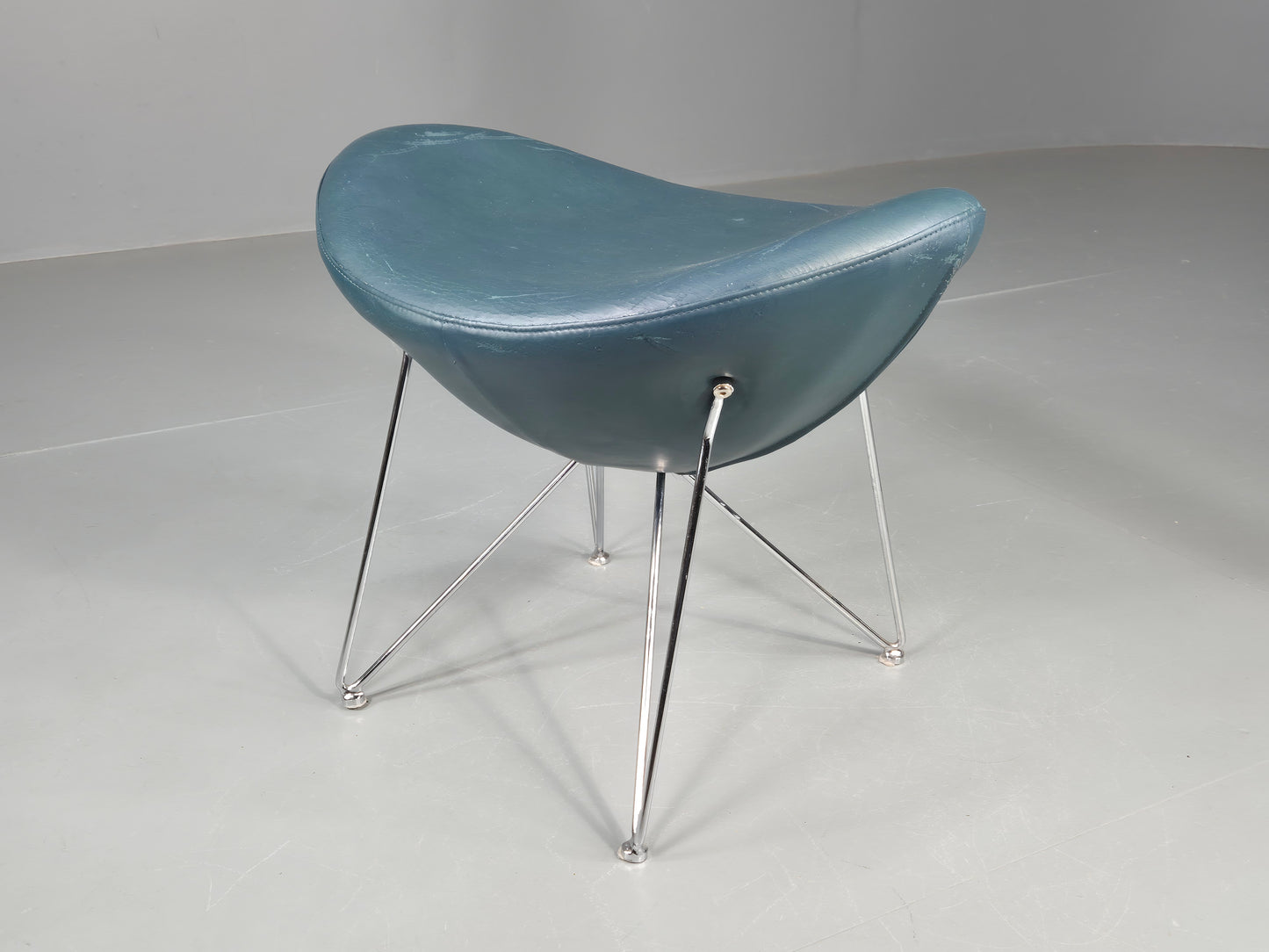 Vintage Danish Mid Century Footstool Green Vinyl Chrome Rod  Retro EB12149