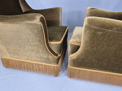 2 Midcentury Danish Lounge Chairs Green Velour Velvet Tassels 1960s EB12646