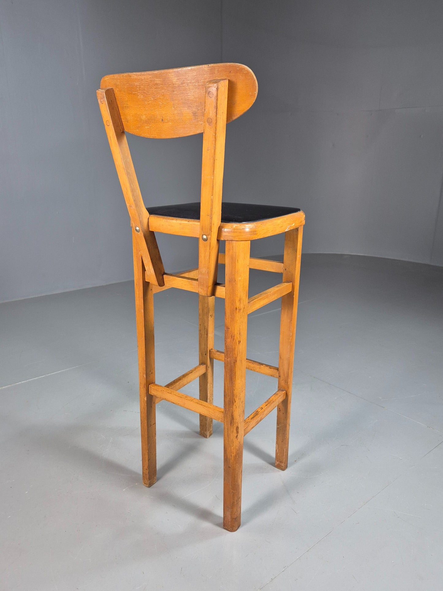 Vintage Mid-century Black Vinyl and Beech Bar Stool 1960s Retro EB07918
