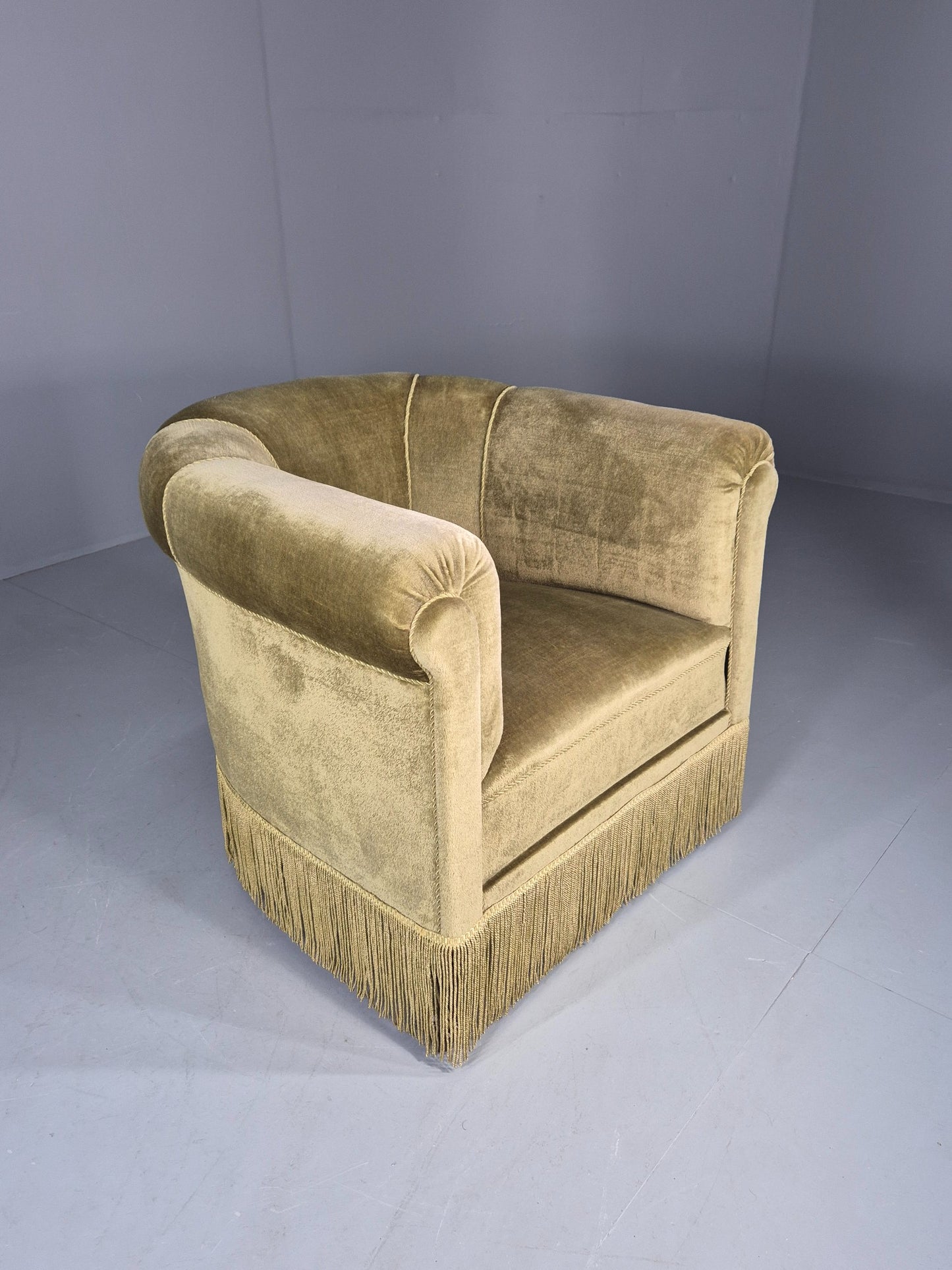 Vintage Danish Art Deco Tub Chair Green Velour Tassels 1940s  EB12710