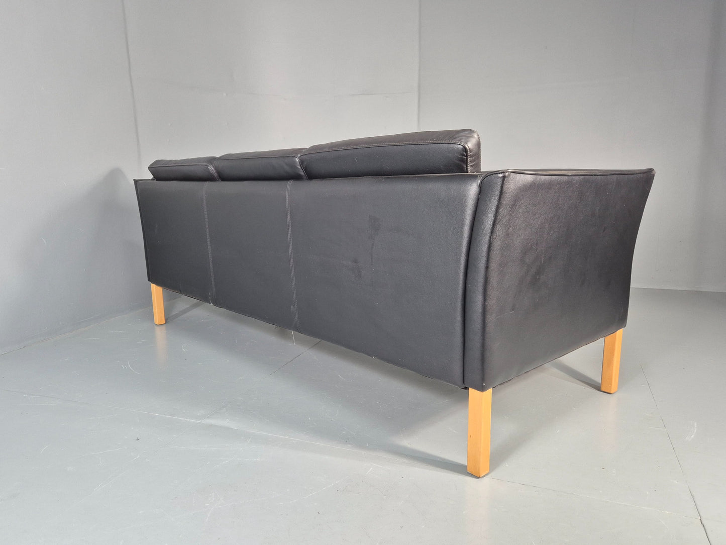 Vintage 3 seater sofa Danish Black Leather and Vinyl 1980s Retro EB11642