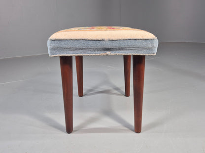 Vintage Danish Midcentury Footstool with Tapestry Floral Top 1960s EB12029