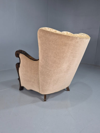 Vintage Danish Lounge Chair Beige Gold Upholstery Carved Frame 1930s EB7779 VCAR