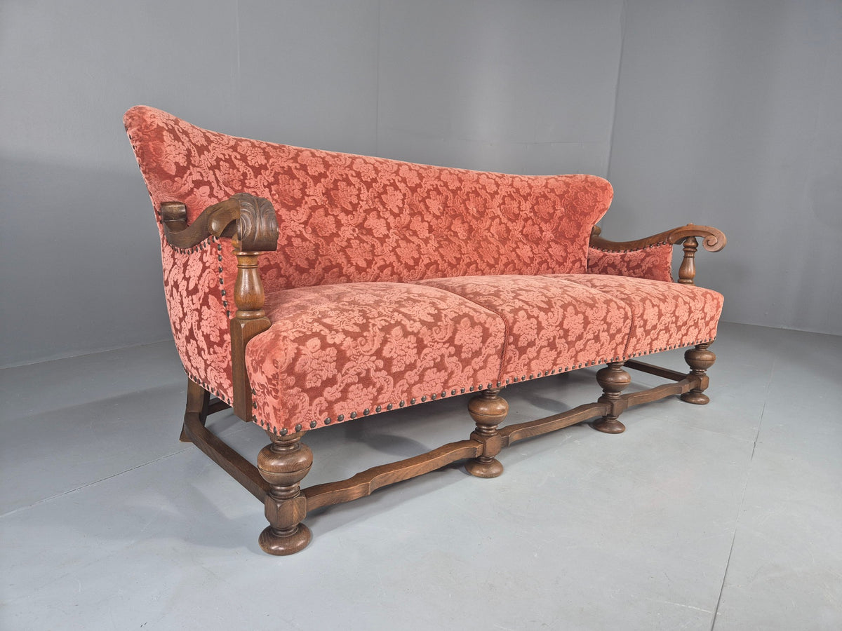 Vintage 3 Seater Sofa Danish Baroque Revival Pink Floral Moquette 1950s EB12698