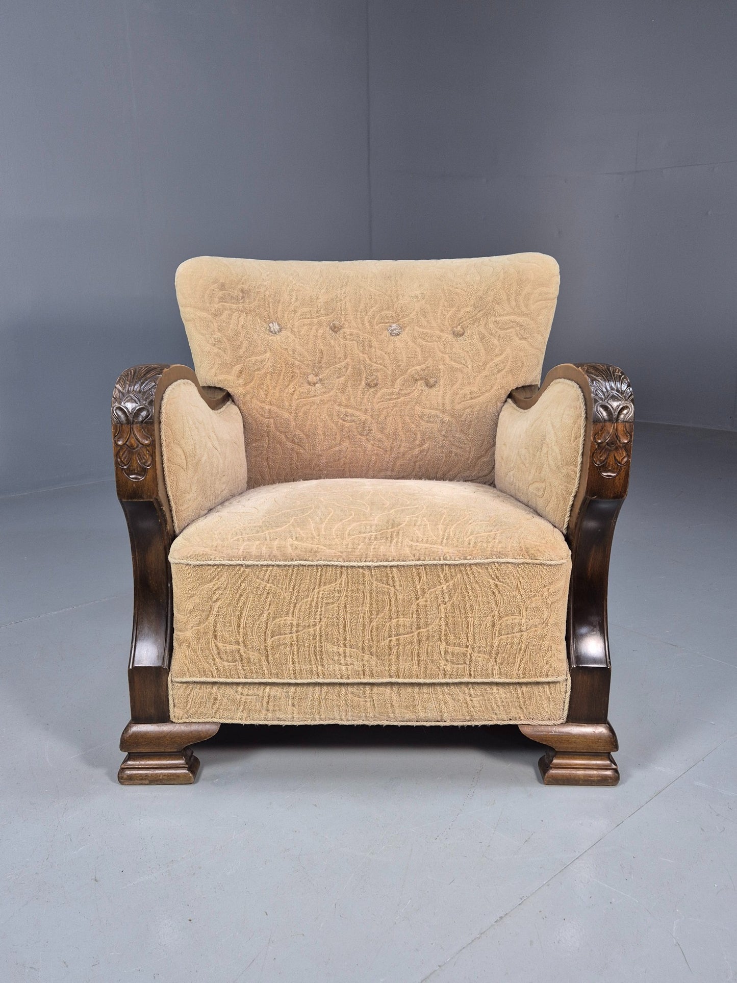 Antique Danish Art Deco Armchair Cream Moquette Beech Frame 1920s EB02887