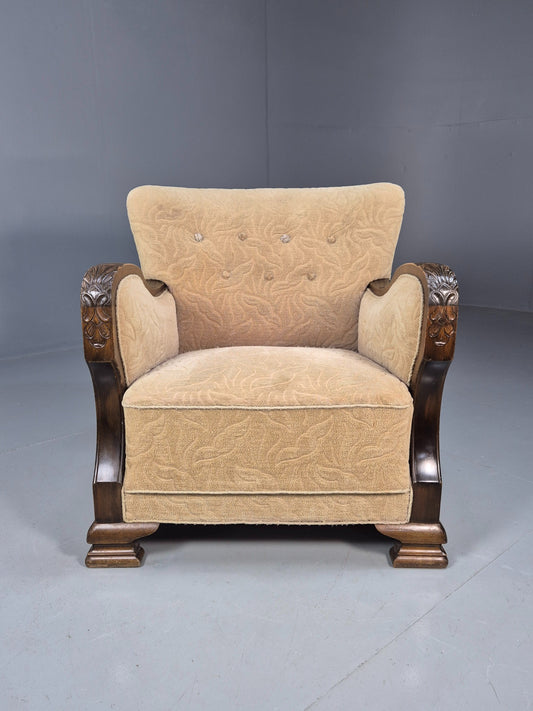 Antique Danish Art Deco Armchair Cream Moquette Beech Frame 1920s EB02887