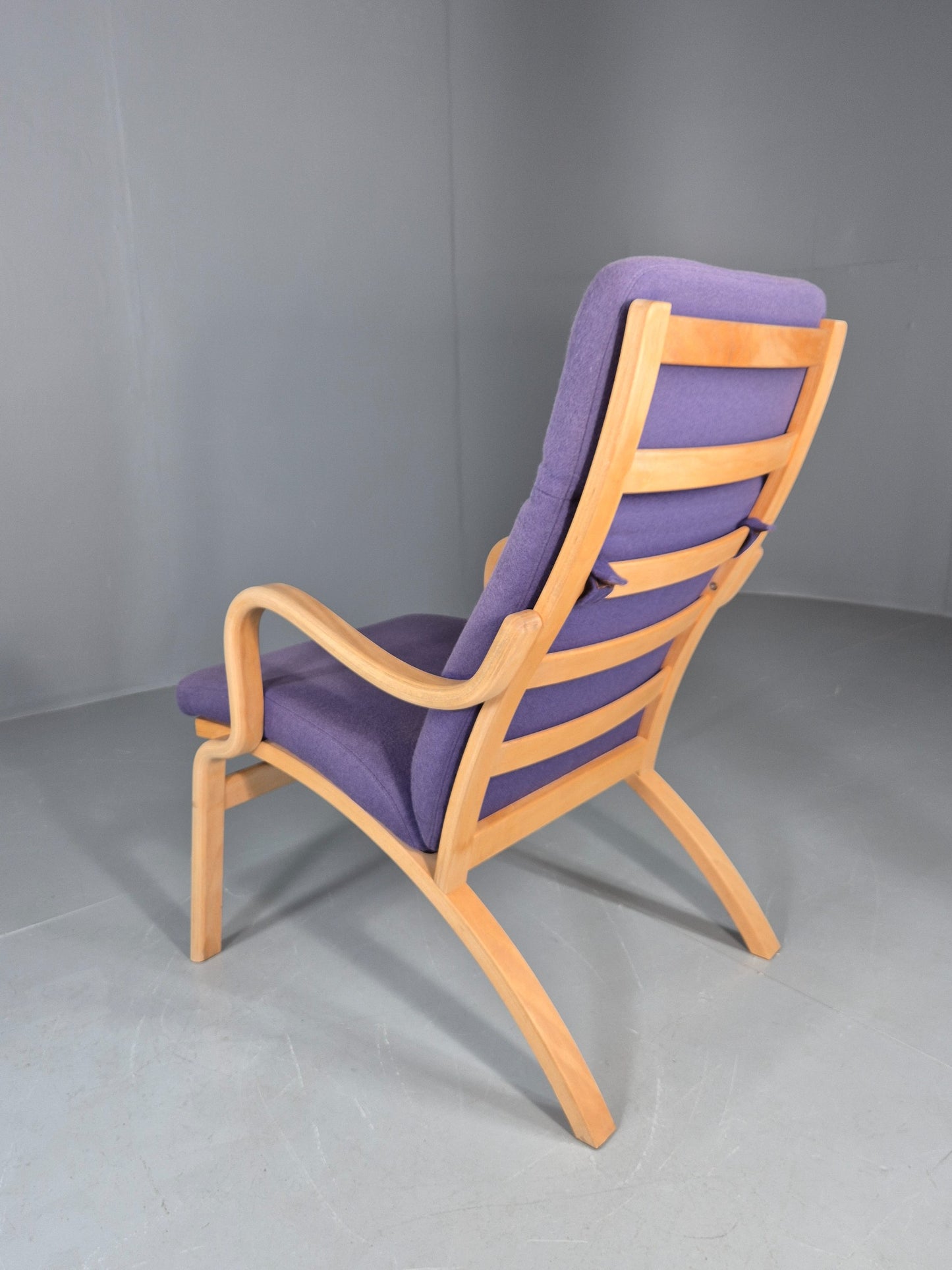 Vintage Mid Century Lounge Chair Bentwood Frame Danish Purple Wool 1980s EB12136