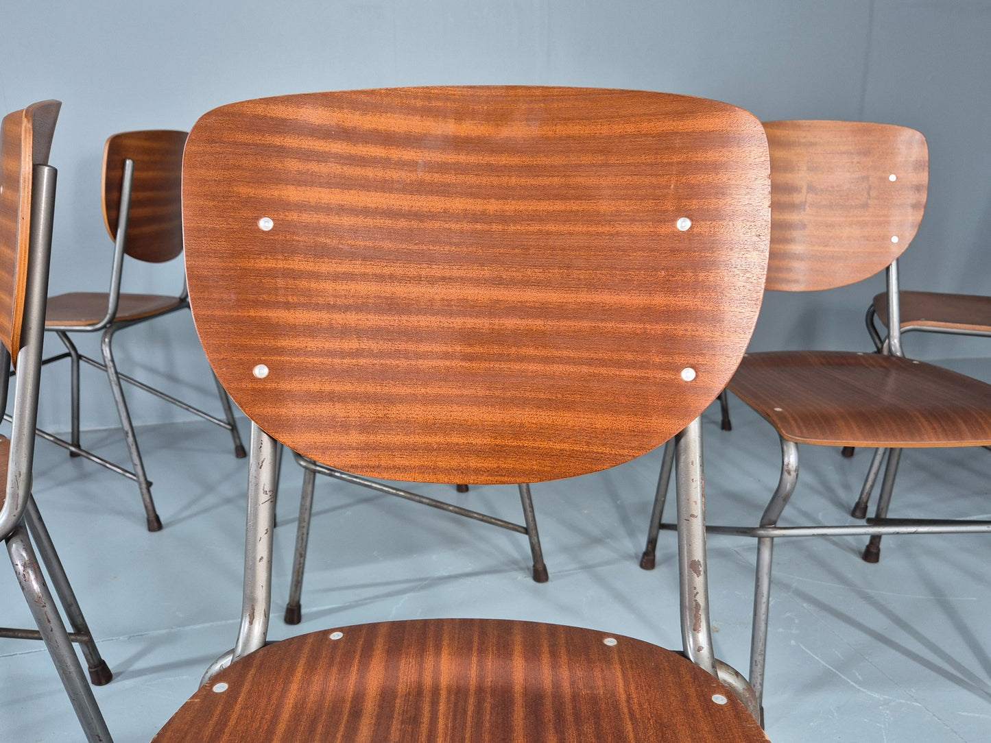 9 Vintage Danish Stacking Industrial Chairs Teak and Steel 1960s Retro EB12403